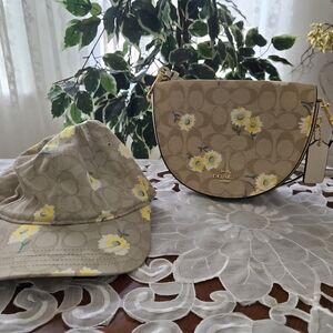 Coach Floral Print Signature Canvas Crossbody Bag & Hat - Beige/Yellow